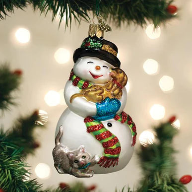 Old World Christmas Snowman With Playful Pets