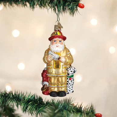 Old World Christmas Yellow Coat Fireman Santa Ornament