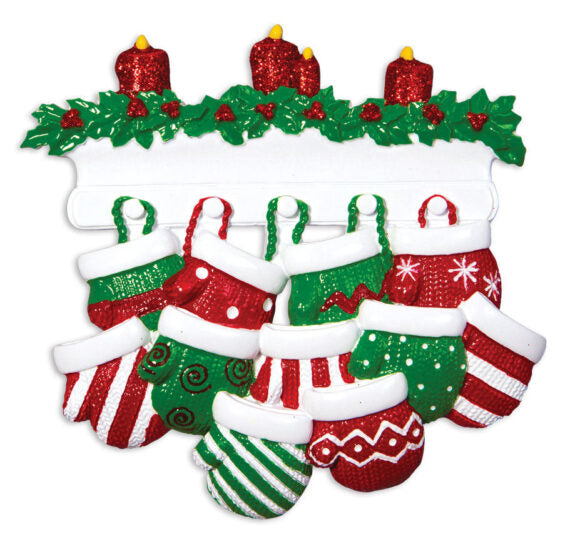 Red & Green Mitten Family Of 11 Personalized Christmas Ornament