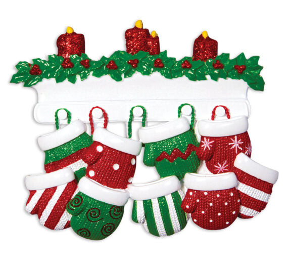 Red & Green Mitten Family Of 9 Personalized Christmas Ornament