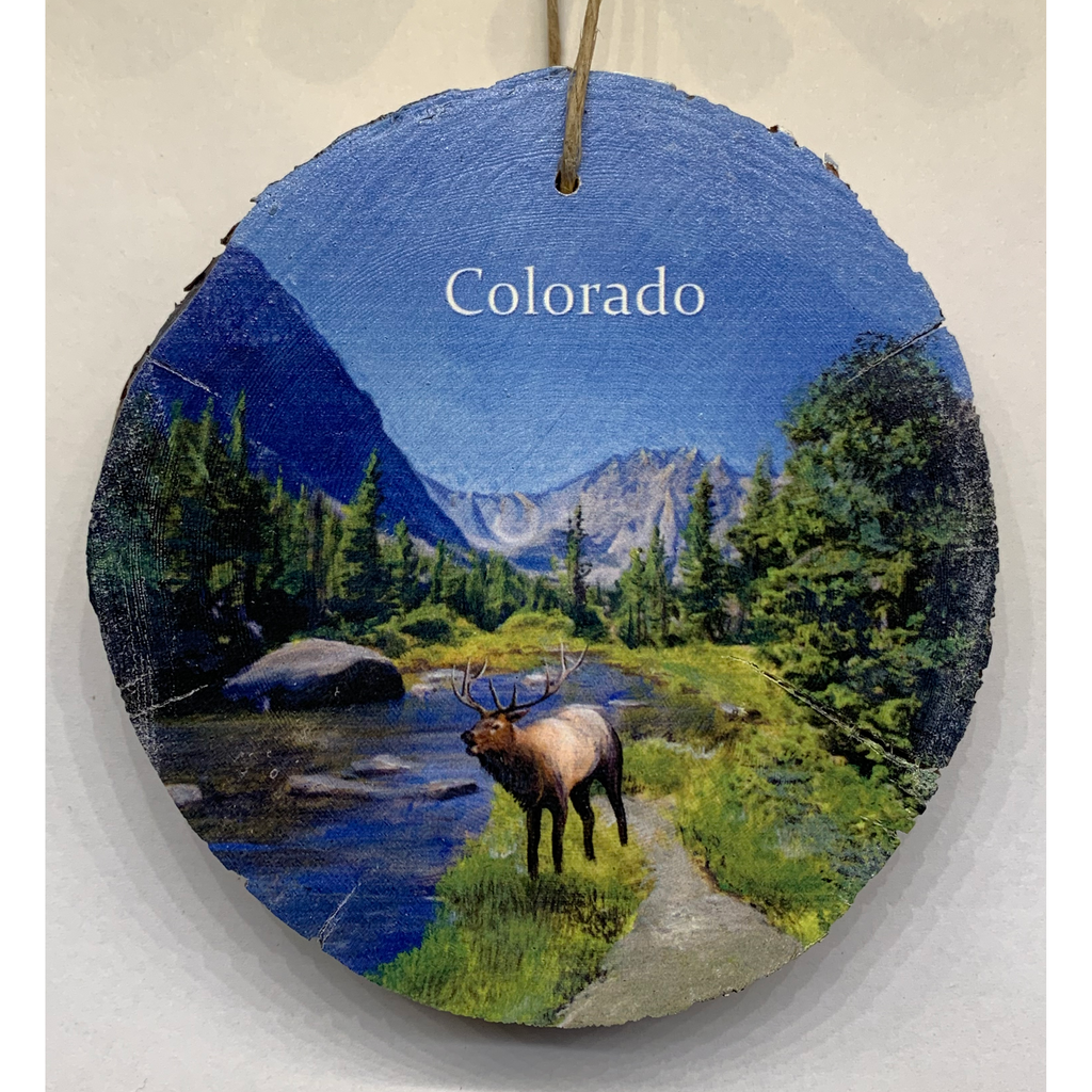 Elk by River Wooden Colorado Ornament