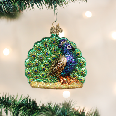 Peacock Bird Christmas Tree Ornament, Porcelain, Rustic Wildlife