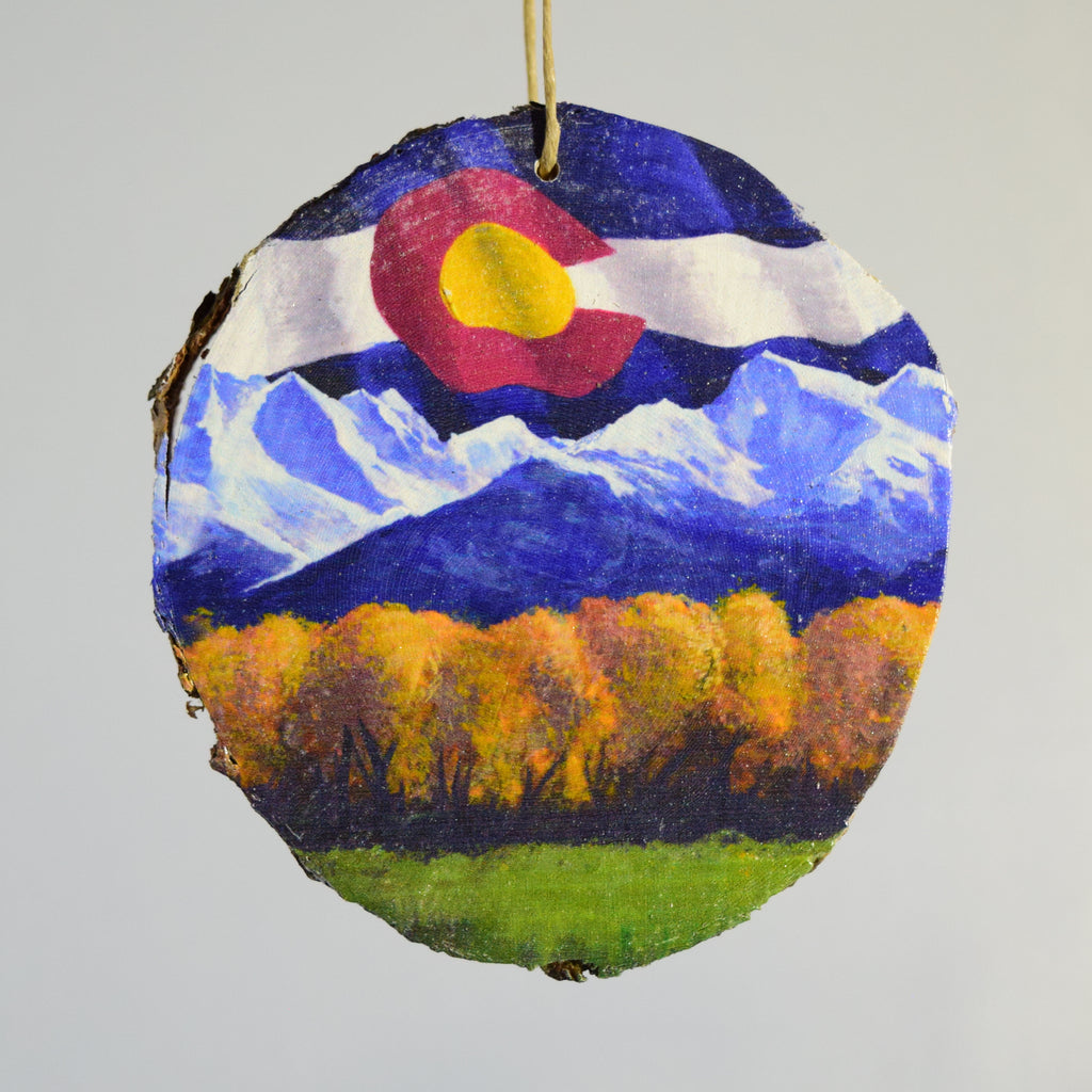 Colorado Flag with Scenery Wood Ornament