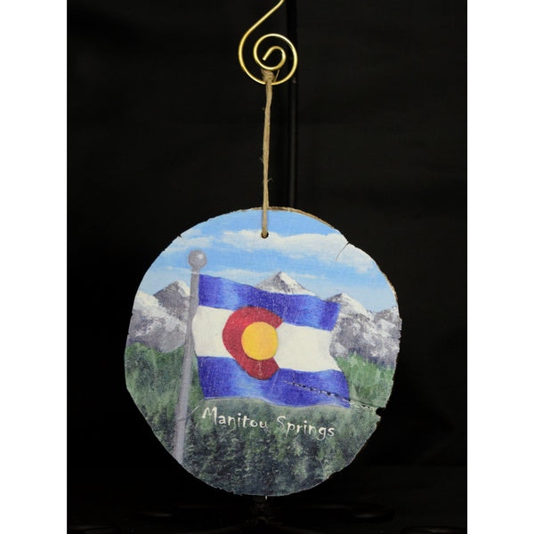 Colorado Flag with Mountains Wood Ornament