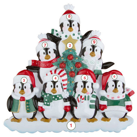 Winter Penguin Family of 7 - Personalized Christmas Ornament