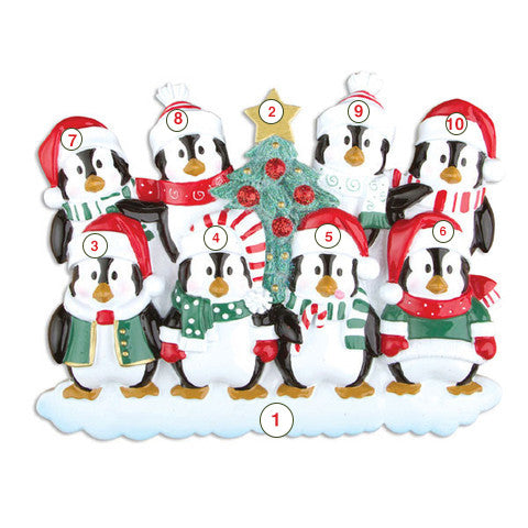 Winter Penguin Family of 8 - Personalized Christmas Ornament