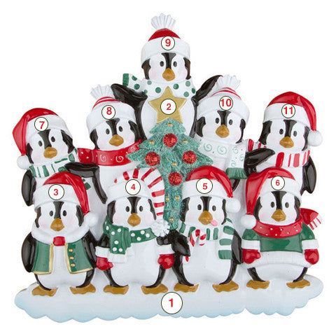 Winter Penguin Family of 9 - Personalized Christmas Ornament